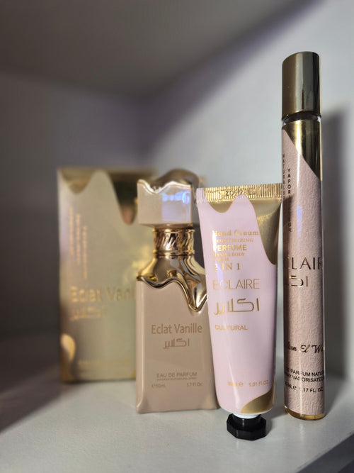 Coffret Éclat Vanille Trio Luxe – EDP, Crème Mains et Roller